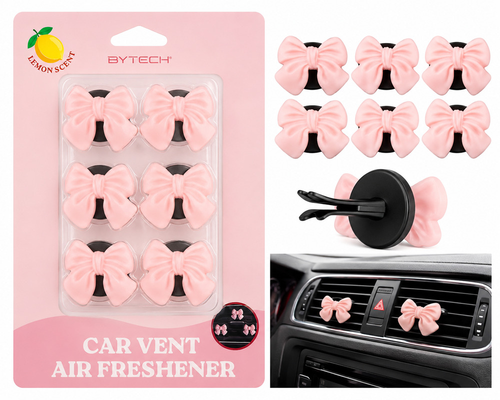 Bytech Car Vent Air Freshener Set – 6 Pink Bow Clip-On Fresheners – Lemon Scent